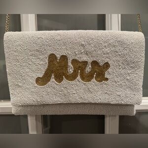 White and Gold Beaded 'Mrs' Clutch